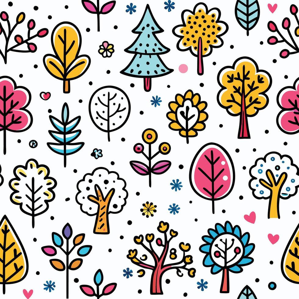 seamless pattern with colorful trees and flowers vector