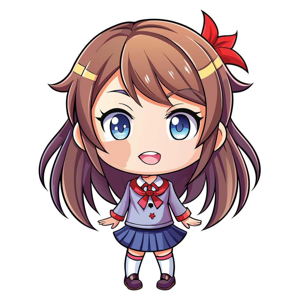 anime girl with long brown hair and blue eyes vector