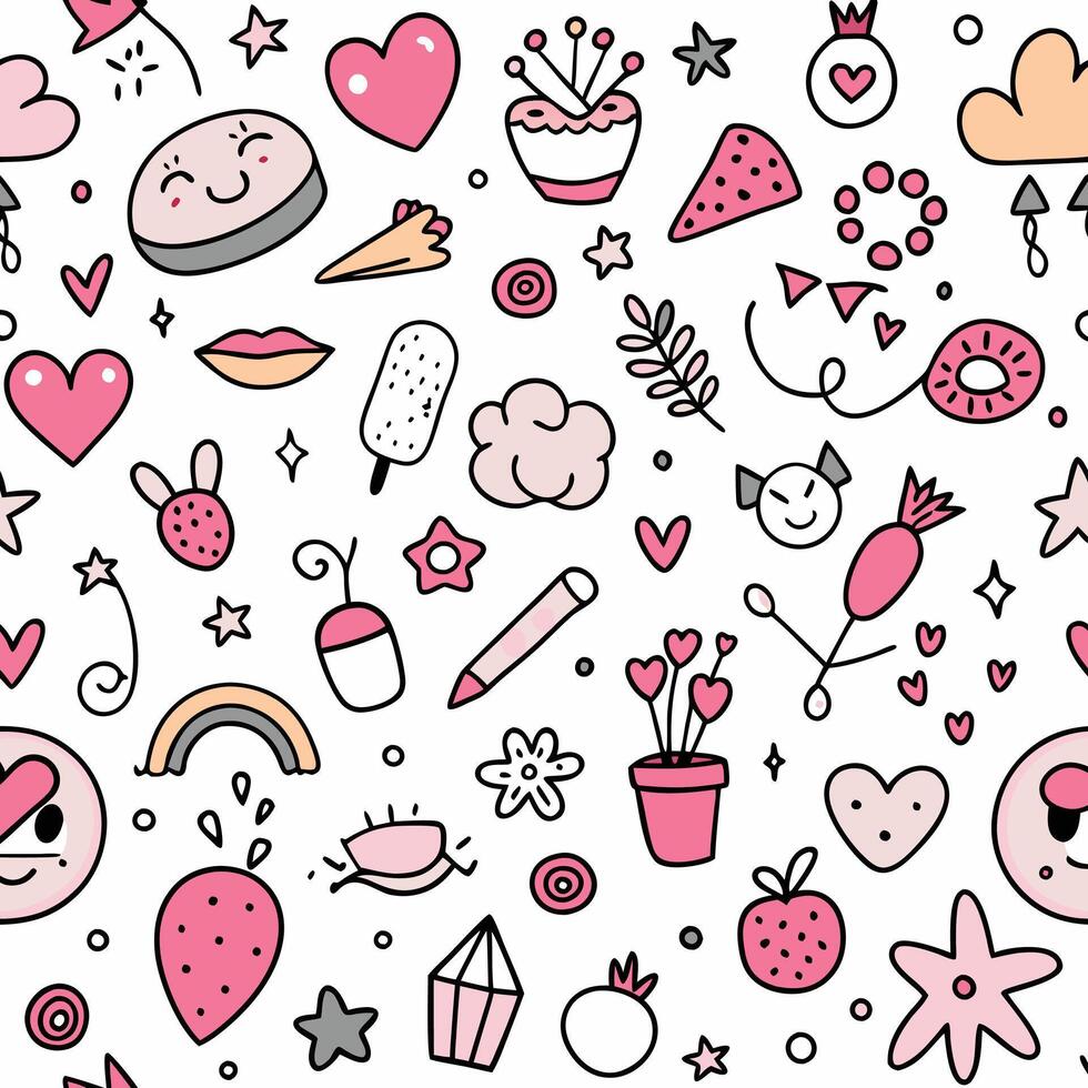 a pink and white pattern with various objects vector