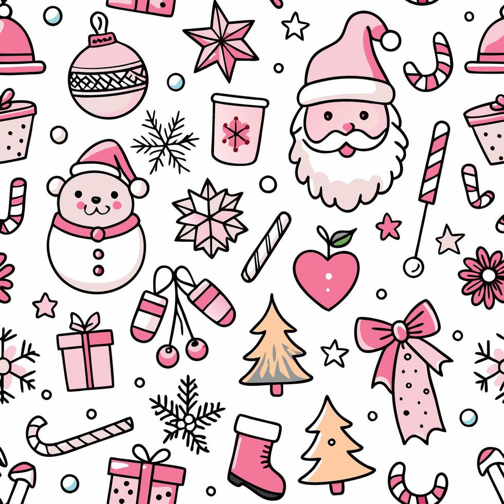 christmas seamless pattern with santa claus, snowman, christmas tree, presents and vector