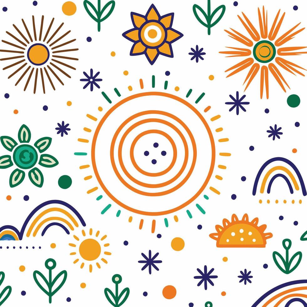 sun, flowers, and other symbols in a colorful pattern vector