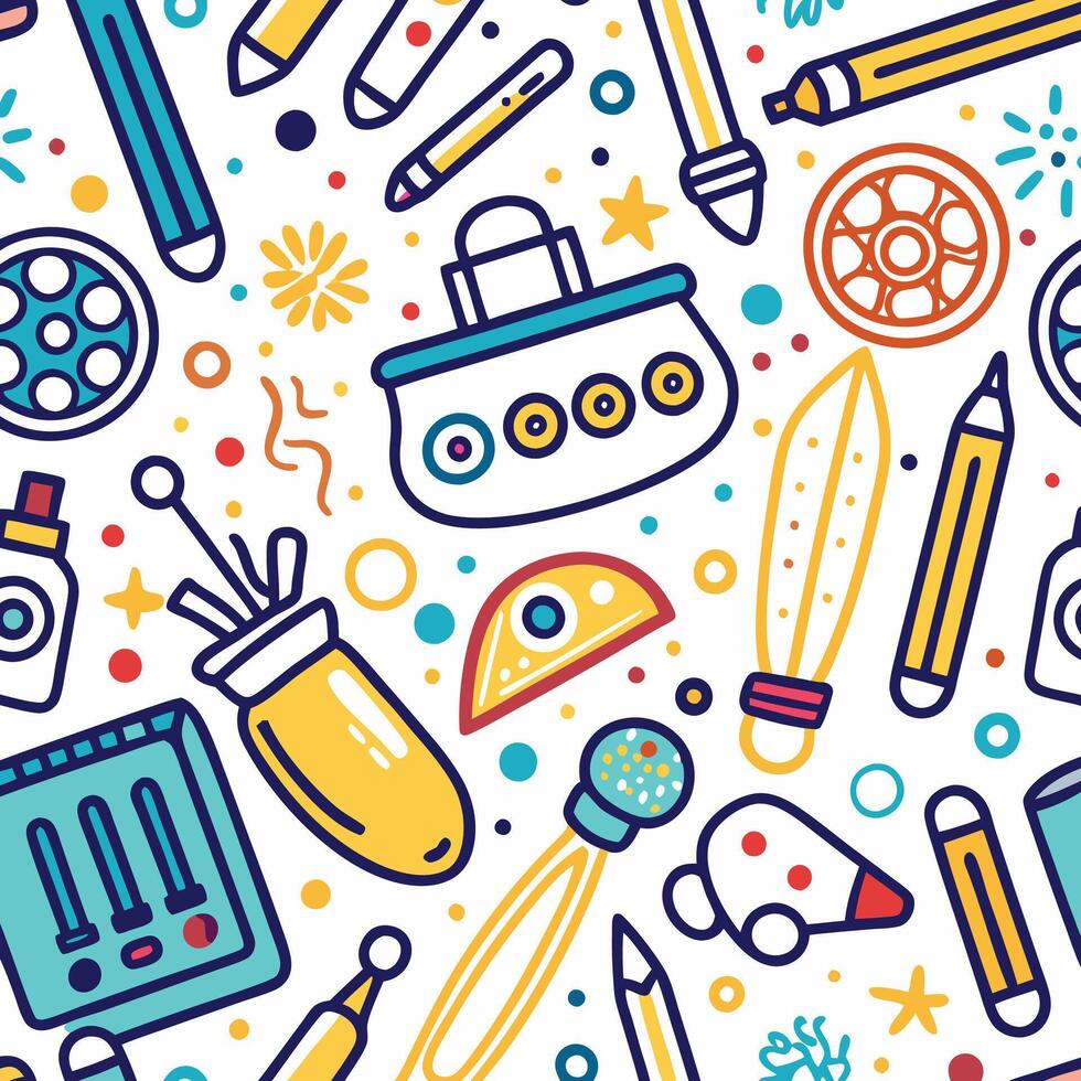 a colorful pattern with various objects and tools vector