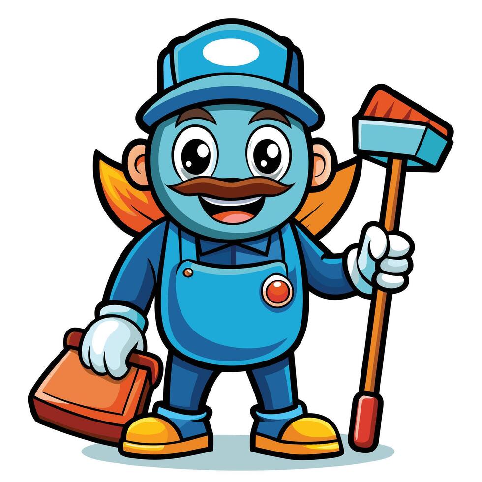 cartoon blue plumber with a tool and a hammer vector