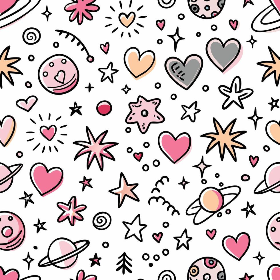 a seamless pattern with pink hearts, stars and planets vector