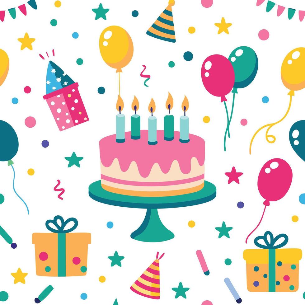 birthday cake, balloons, confetti and other items are shown in this image vector