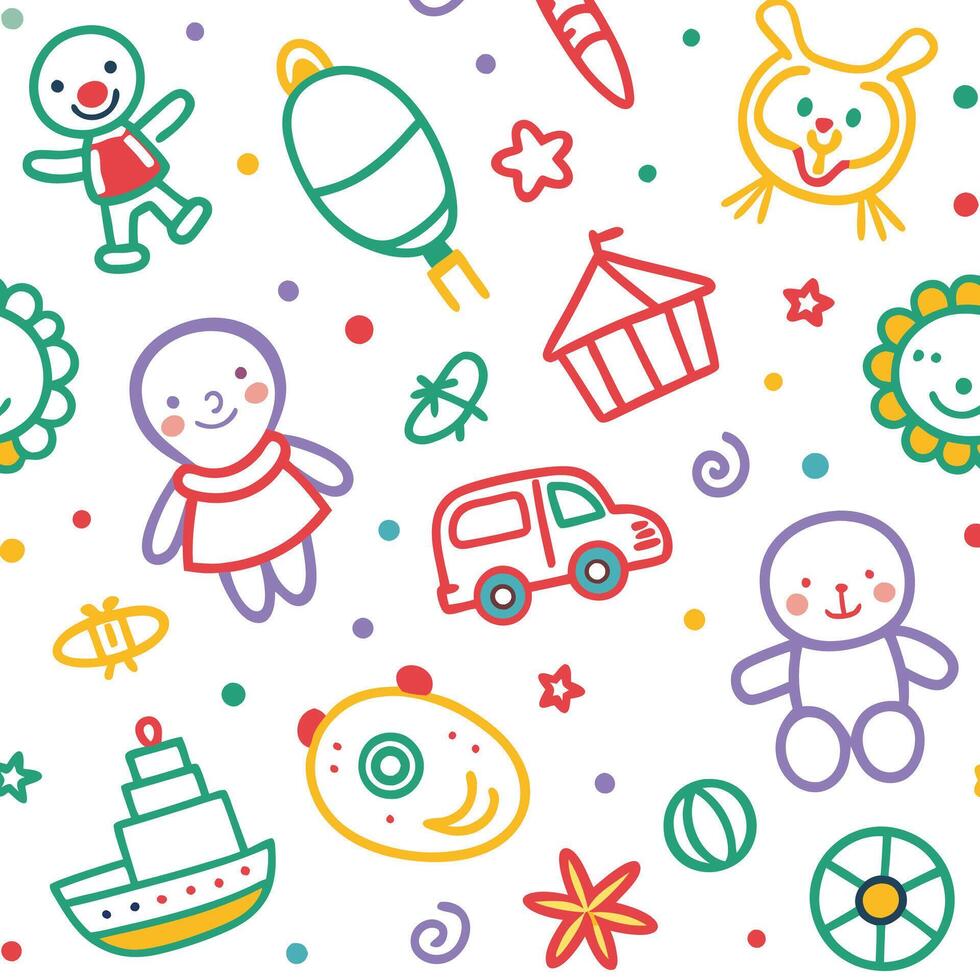 a colorful pattern with toys and other items vector