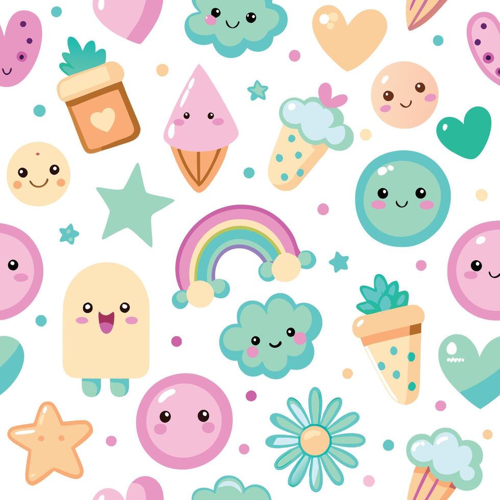 cute kawaii seamless pattern with ice cream, rainbow, stars and hearts vector