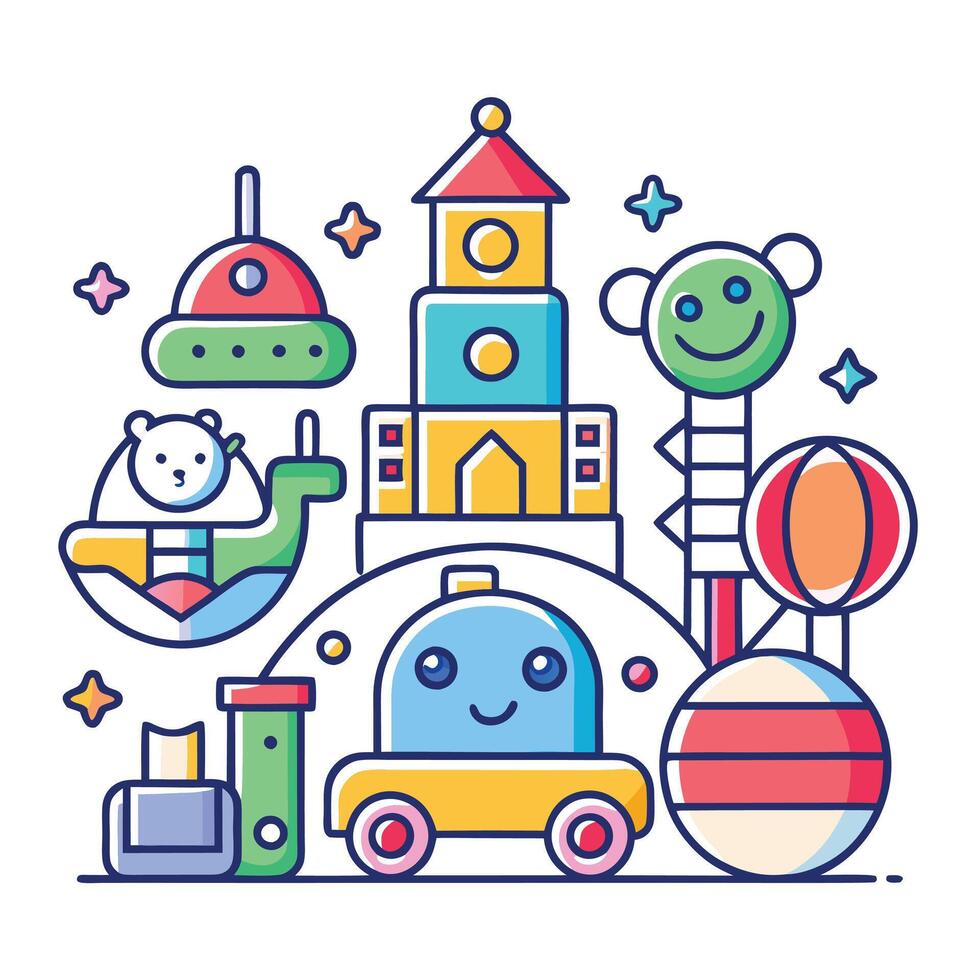 a colorful illustration of toys and other items vector