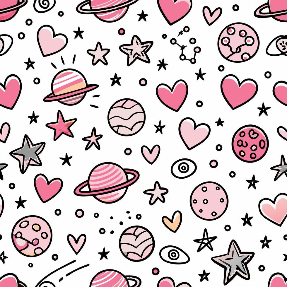 a pink and white space pattern with hearts and planets vector