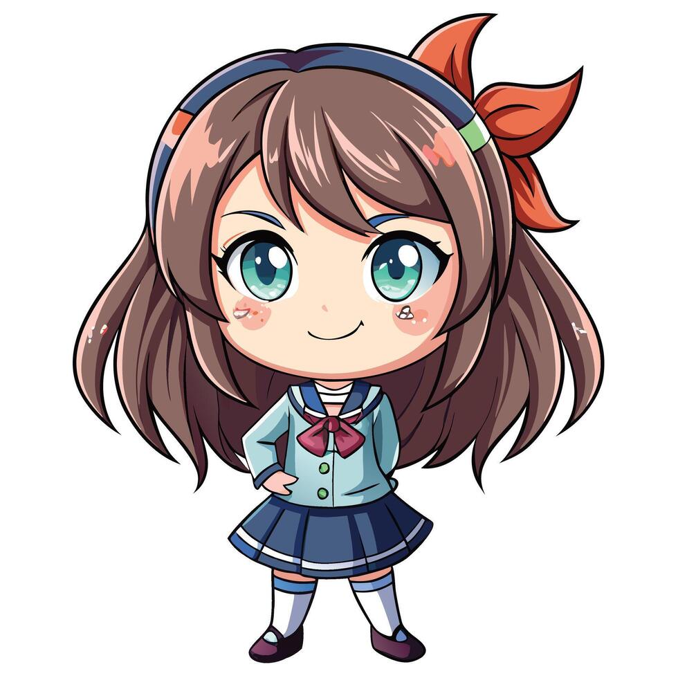 anime girl in school uniform with brown hair and green eyes vector