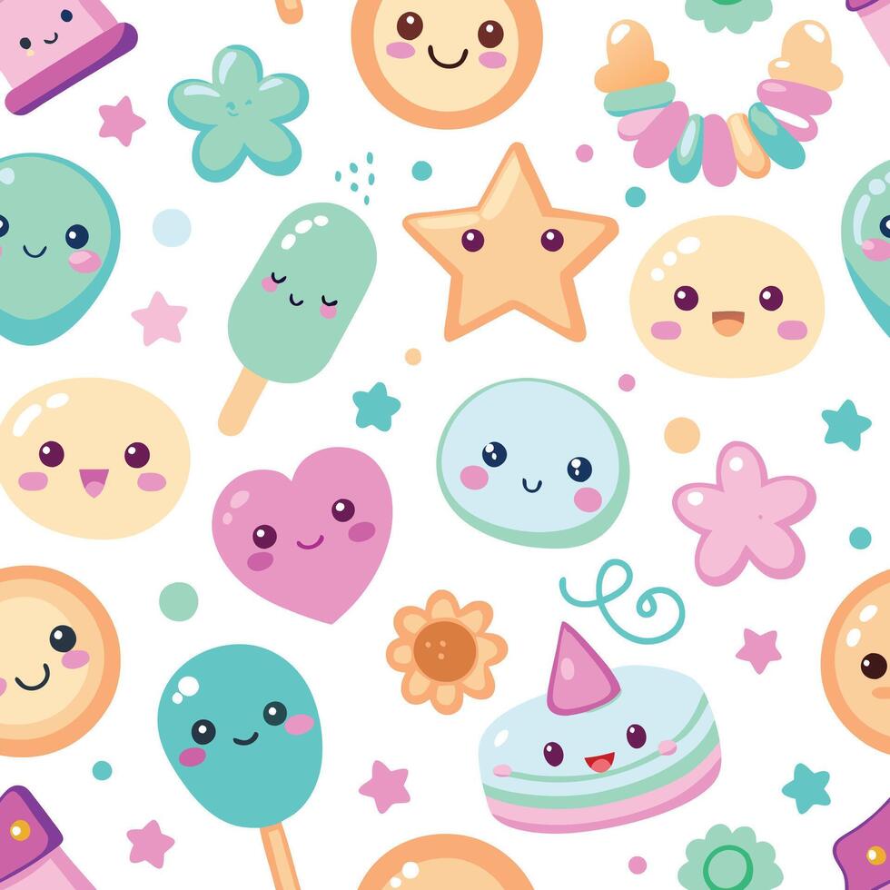 cute kawaii food pattern with stars and hearts vector