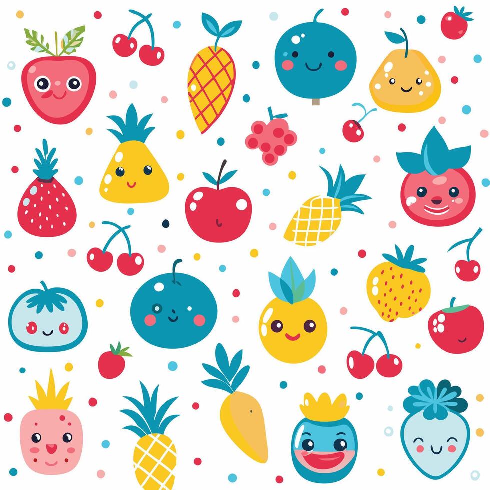 a set of fruit and vegetables with different faces vector