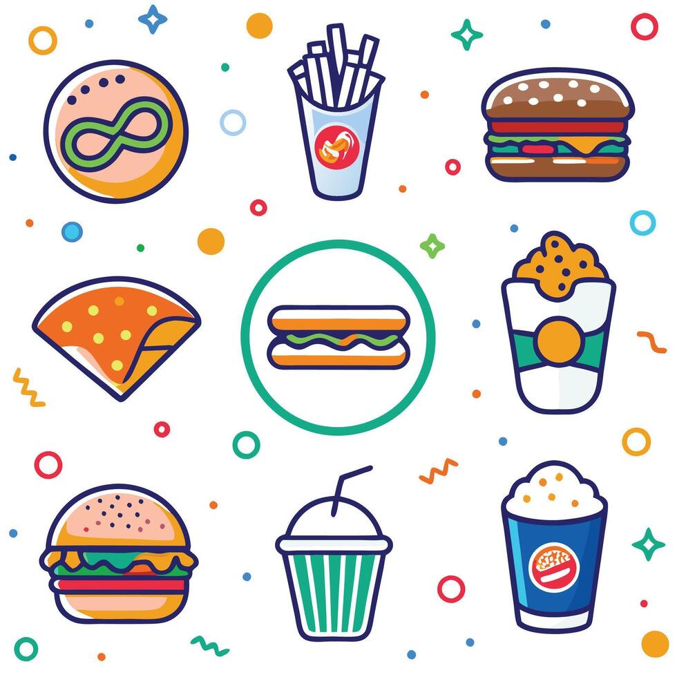 fast food icons set, including hamburger, fries, soda, and more vector