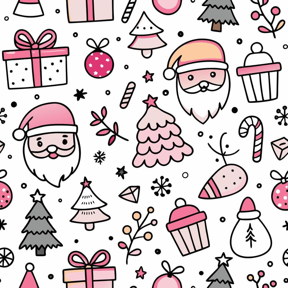 christmas seamless pattern with santa claus, christmas tree, presents and other items vector