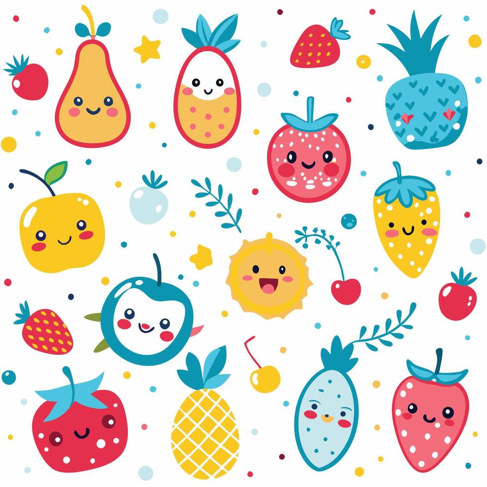 a set of fruit and vegetables with faces vector