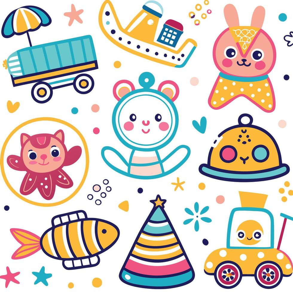 a set of colorful toys and animals on a white background vector