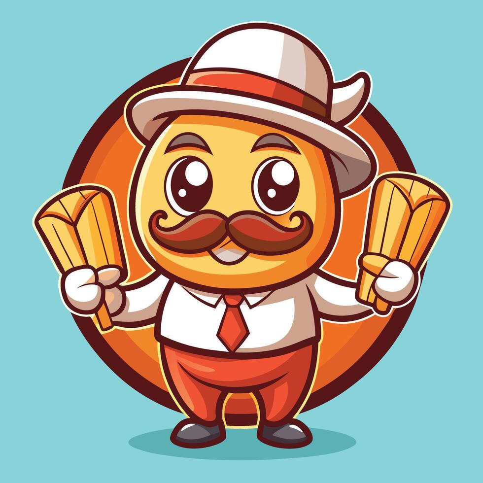 a cartoon character with a mustache and hat holding two hot dogs vector