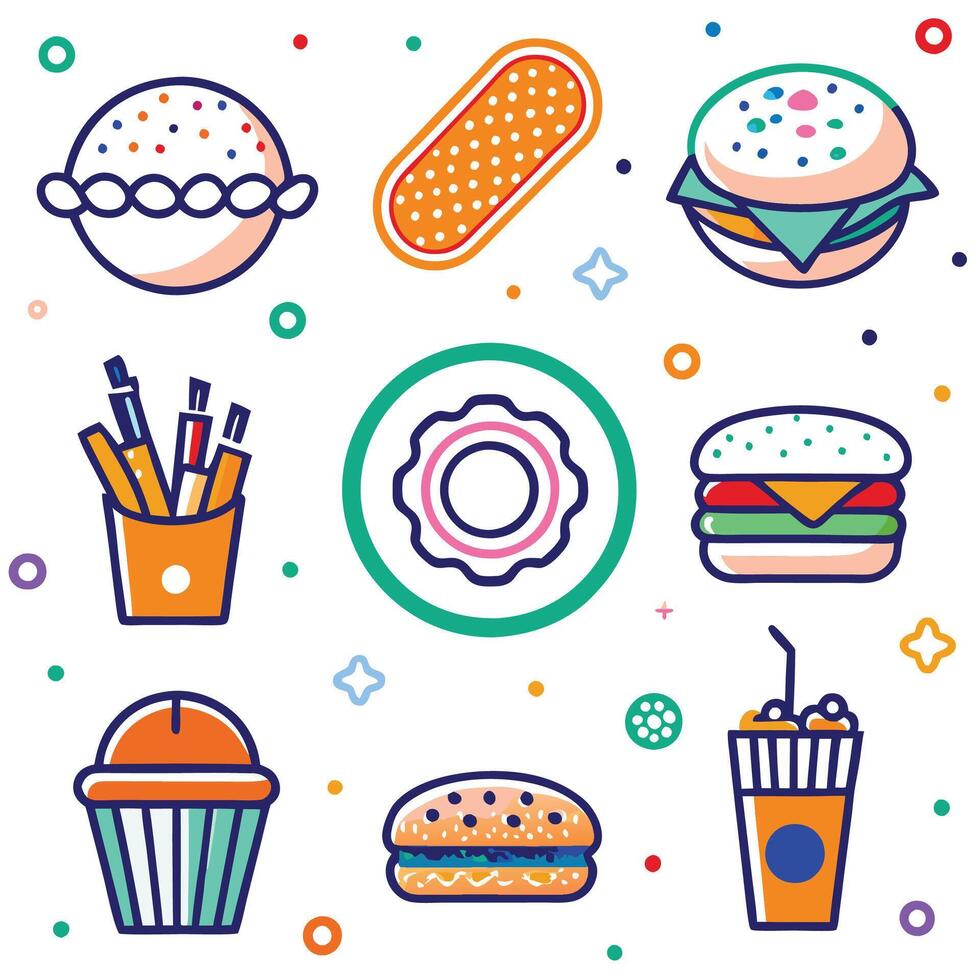 fast food icons set, including hamburger, fries, donut, cup, and more vector