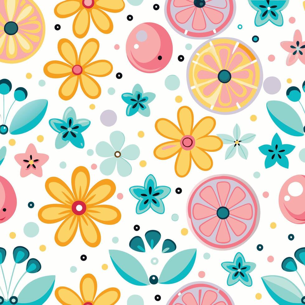 a colorful pattern with flowers and fruit vector