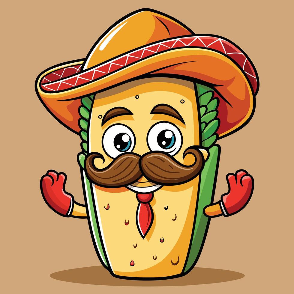 mexican taco character with mustache and mustache vector