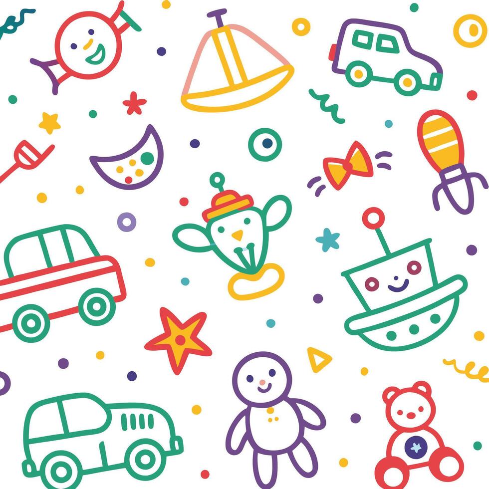 a colorful pattern with toys and other items vector