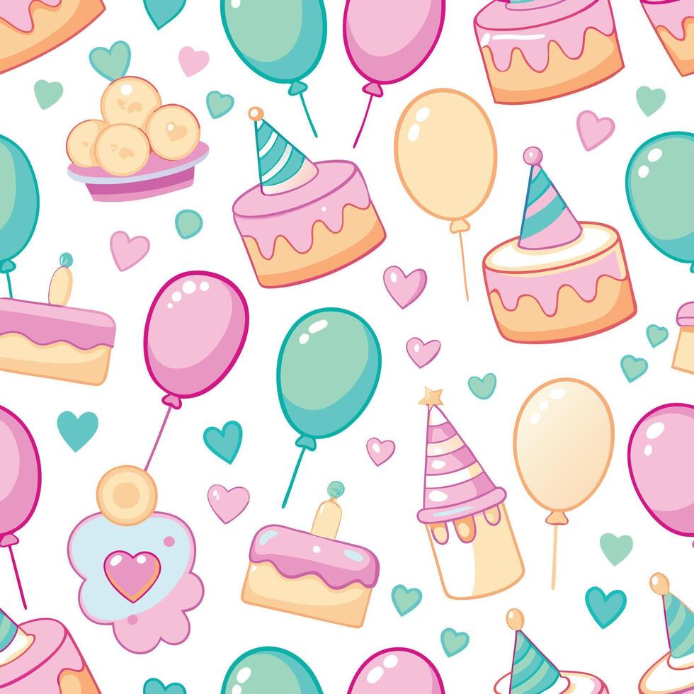 a seamless pattern with birthday party items vector