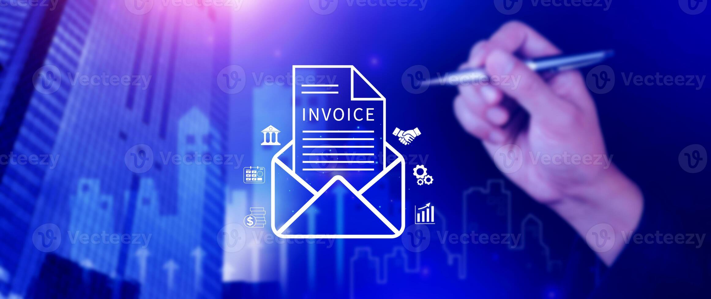 Invoice and online digital statements concept, using touch with invoice icons on virtual screen, Financial report and bank management with online payment concept E.invoice invoice. photo