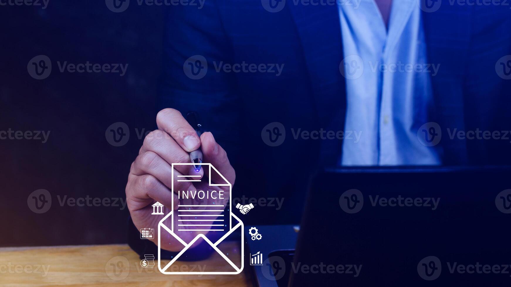 Invoice and online digital statements concept, using touch with invoice icons on virtual screen, Financial report and bank management with online payment concept E.invoice invoice. photo