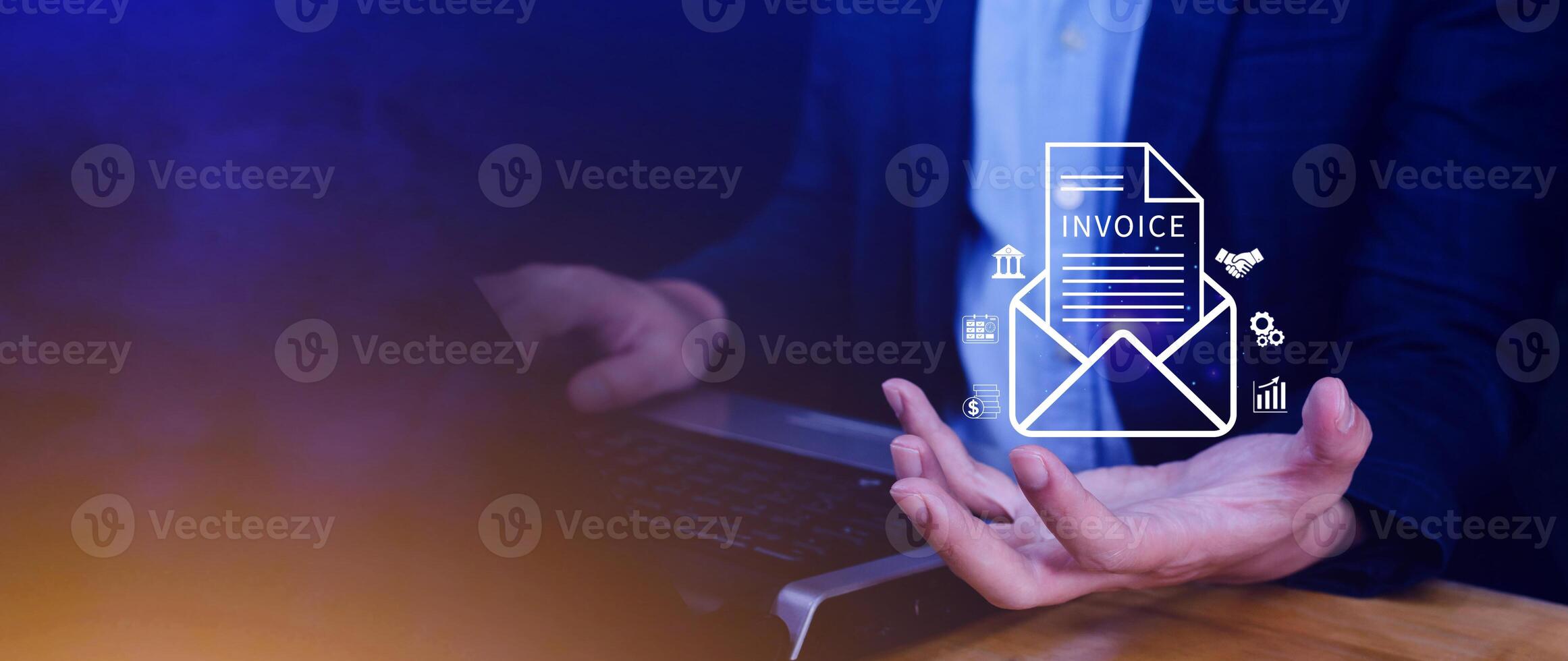 Invoice and online digital statements concept, using touch with invoice icons on virtual screen, Financial report and bank management with online payment concept E.invoice invoice. photo