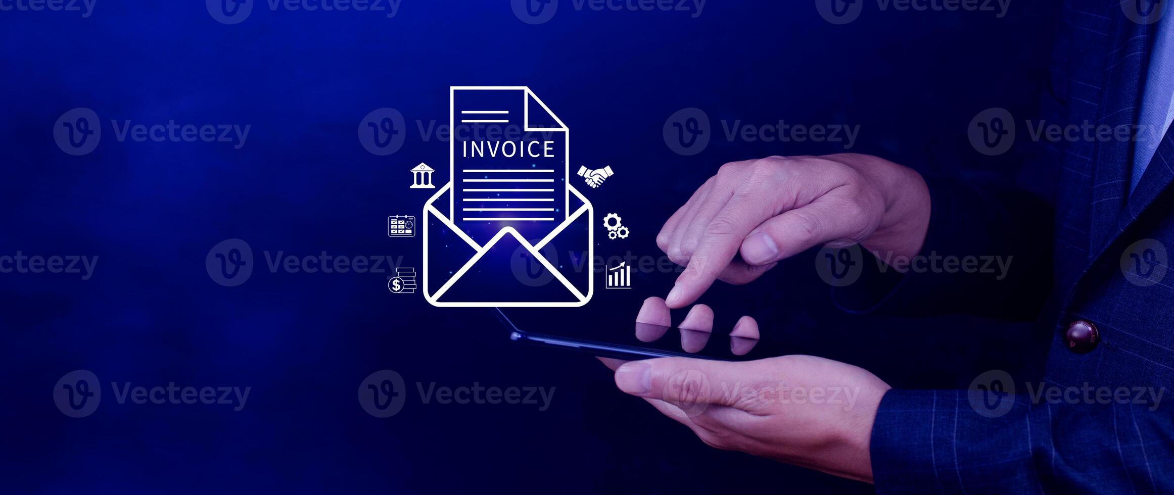 Invoice and online digital statements concept, using touch with invoice icons on virtual screen, Financial report and bank management with online payment concept E.invoice invoice. photo