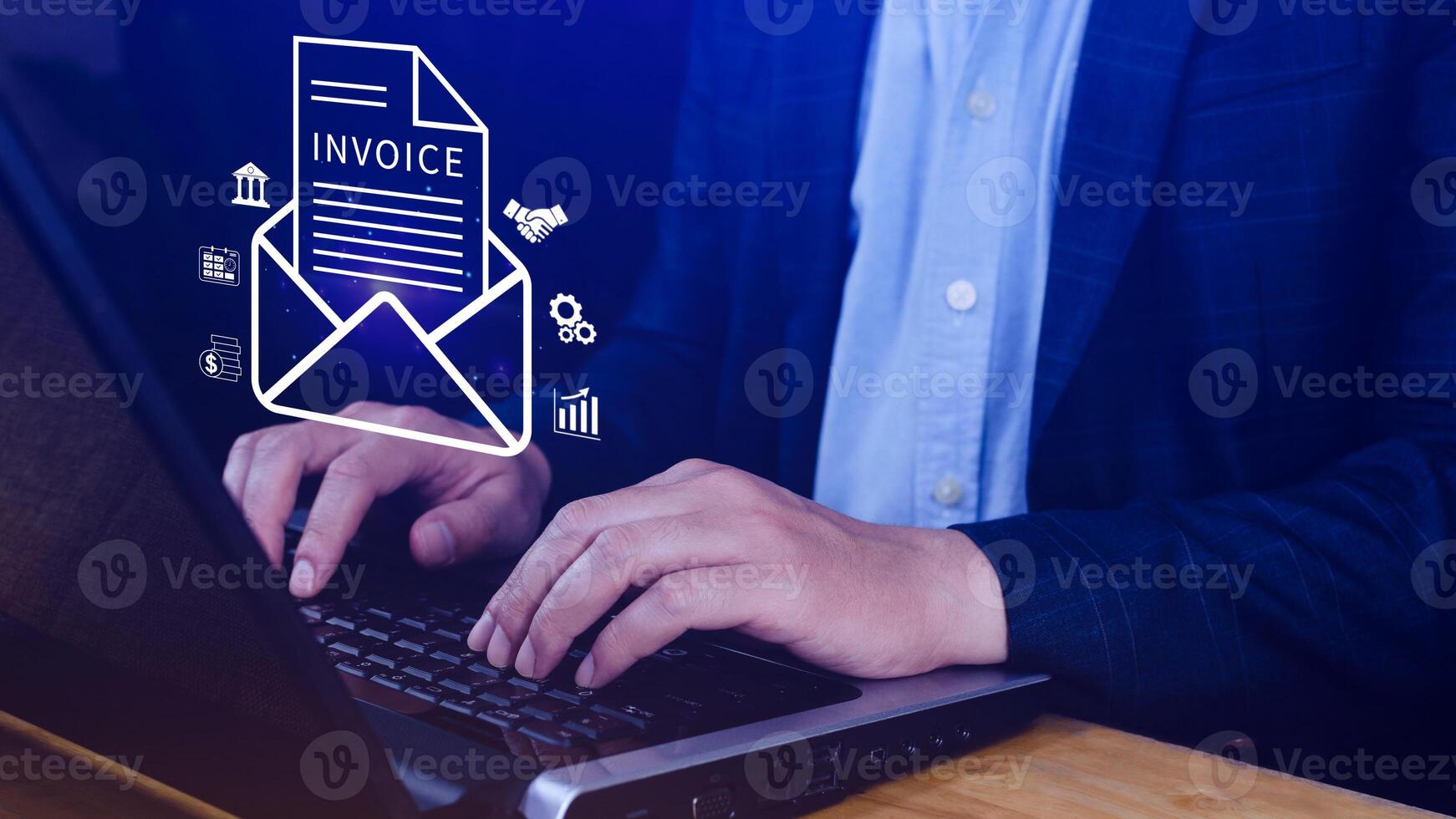Invoice and online digital statements concept, using touch with invoice icons on virtual screen, Financial report and bank management with online payment concept E.invoice invoice. photo
