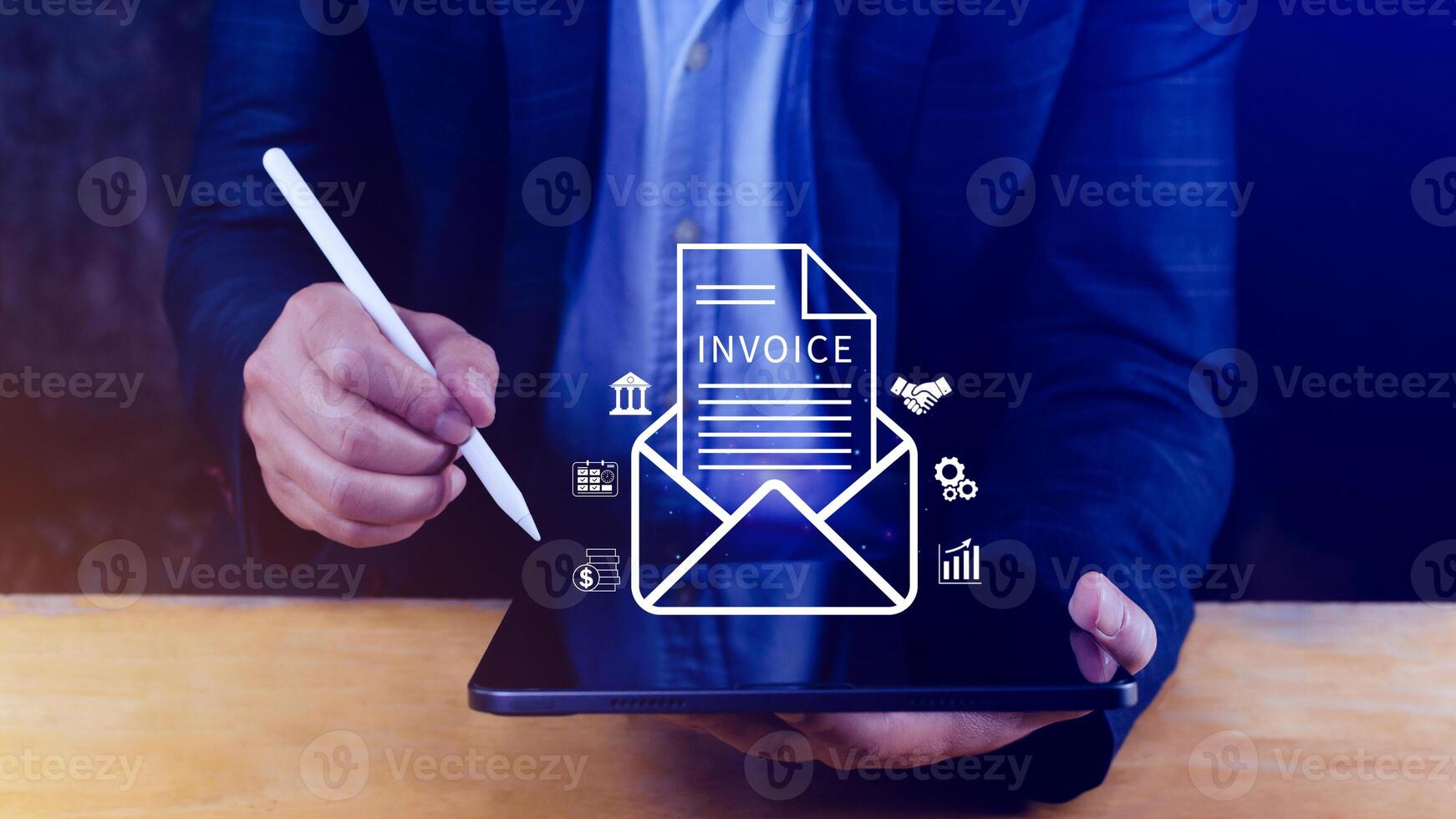 Invoice and online digital statements concept, using touch with invoice icons on virtual screen, Financial report and bank management with online payment concept E.invoice invoice. photo