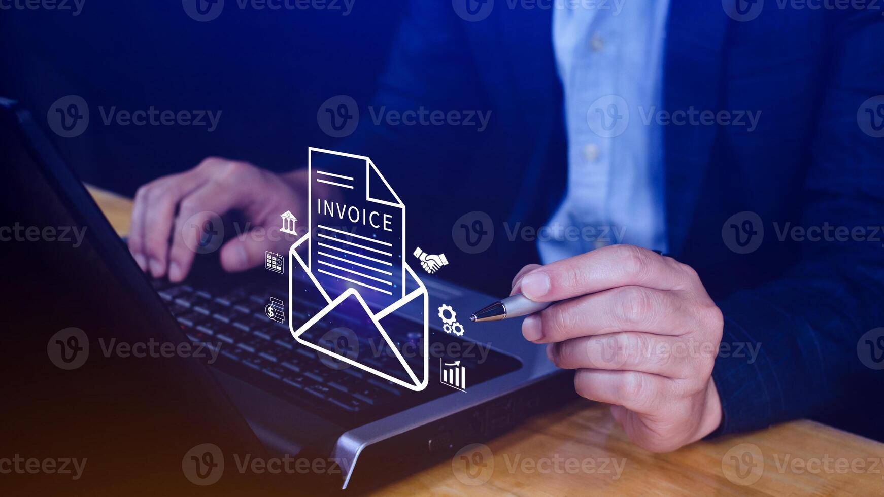 Invoice and online digital statements concept, using touch with invoice icons on virtual screen, Financial report and bank management with online payment concept E.invoice invoice. photo