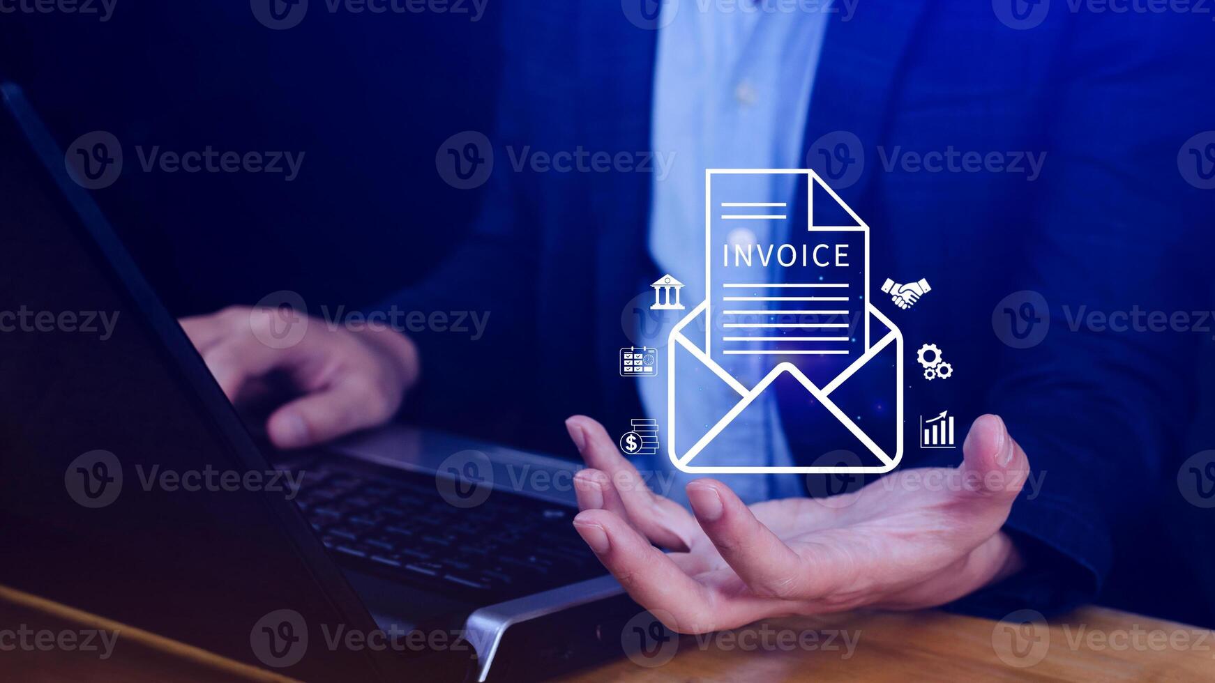 Invoice and online digital statements concept, using touch with invoice icons on virtual screen, Financial report and bank management with online payment concept E.invoice invoice. photo