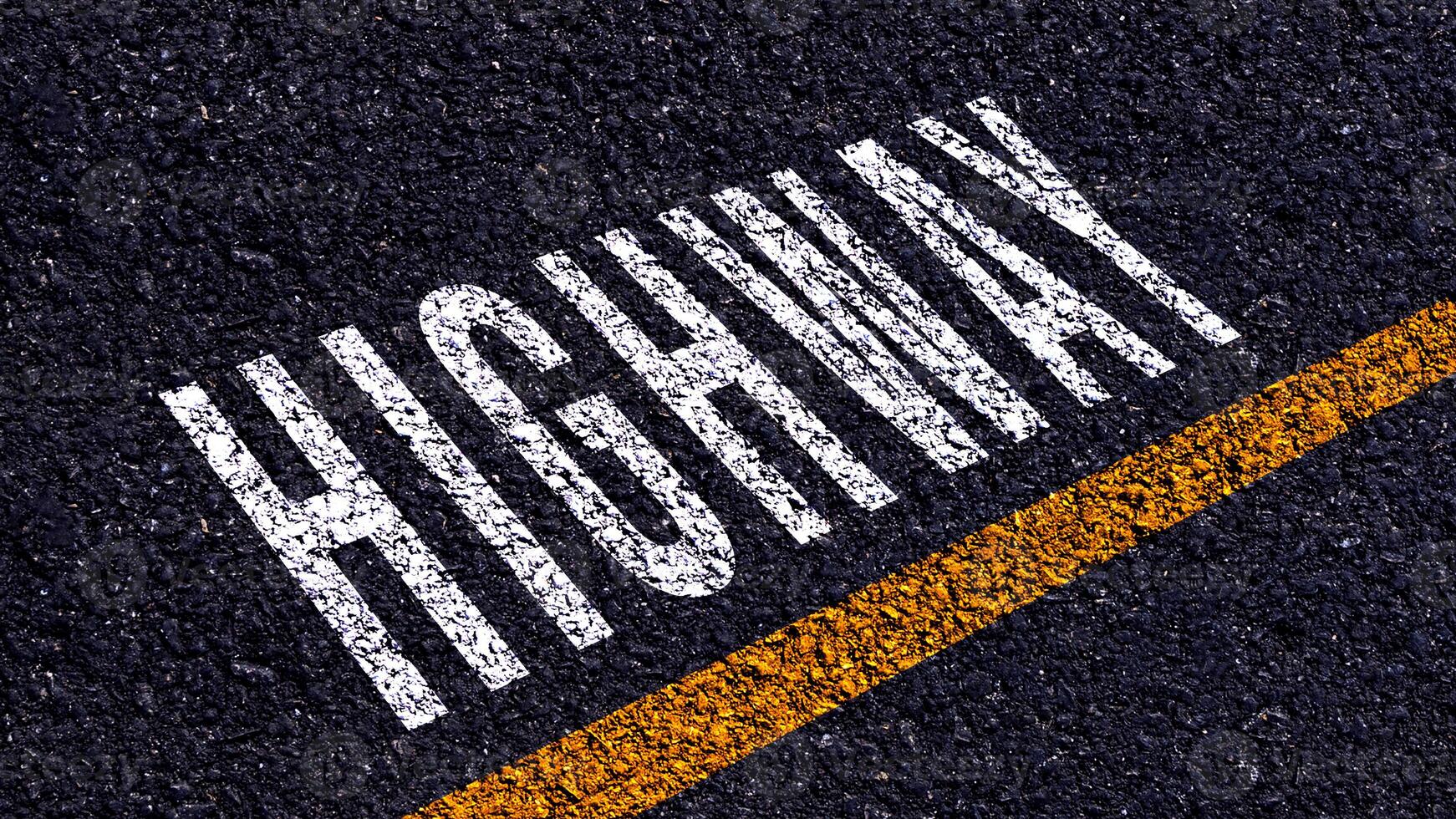 HIGHWAY, highway text written and yellow line on asphalt road ground. photo