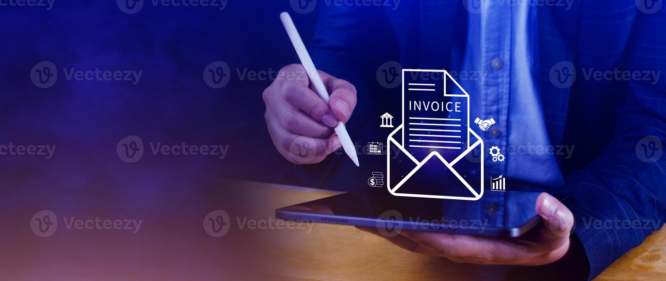 Invoice and online digital statements concept, using touch with invoice icons on virtual screen, Financial report and bank management with online payment concept E.invoice invoice. photo