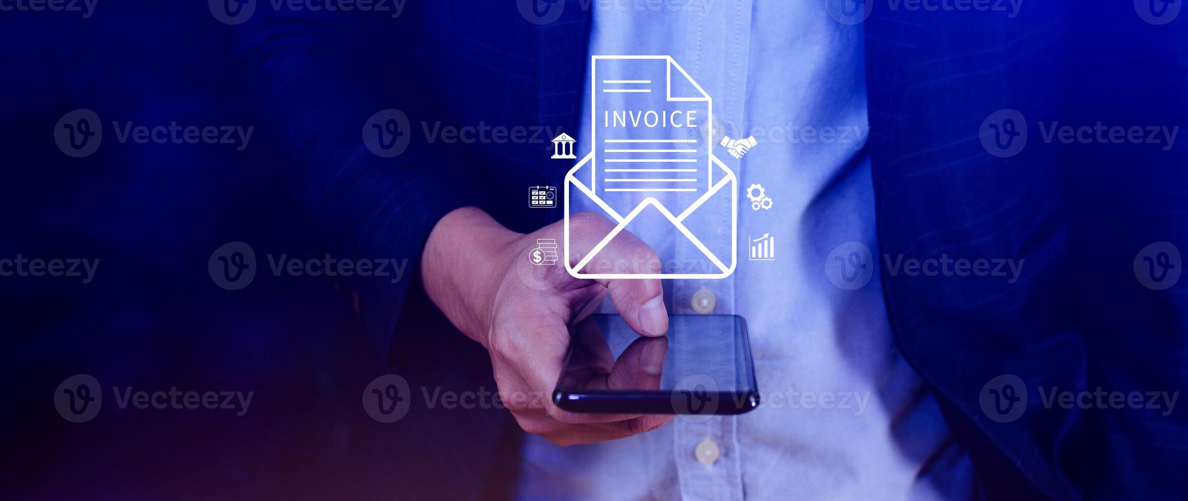Invoice and online digital statements concept, using touch with invoice icons on virtual screen, Financial report and bank management with online payment concept E.invoice invoice. photo