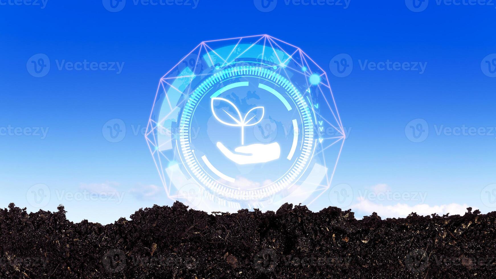 Green economy concept. nurturing plant with eco icon symbolize commitment to environmental business, growing plant to reduce carbon emission for sustainable future. photo