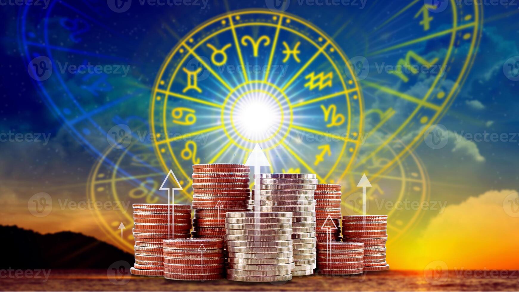 Horoscope with zodiac signs and money coins like astrology and money and astrology and wealth concept, Financial horoscope concept. photo
