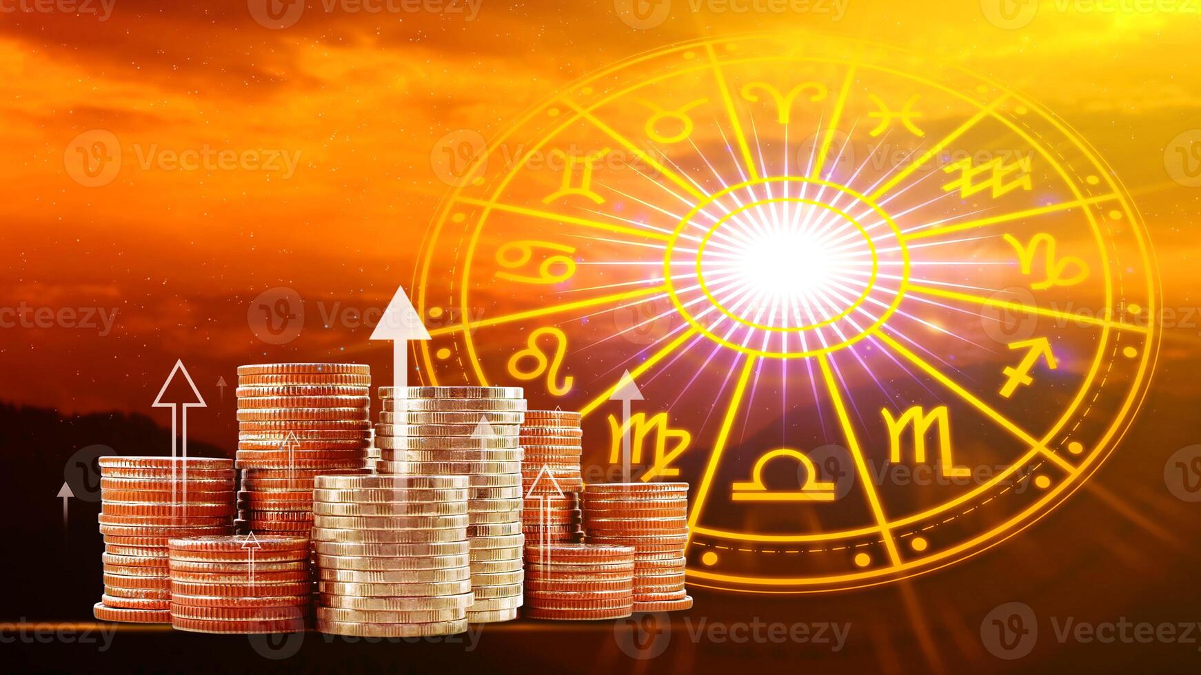 Horoscope with zodiac signs and money coins like astrology and money and astrology and wealth concept, Financial horoscope concept. photo