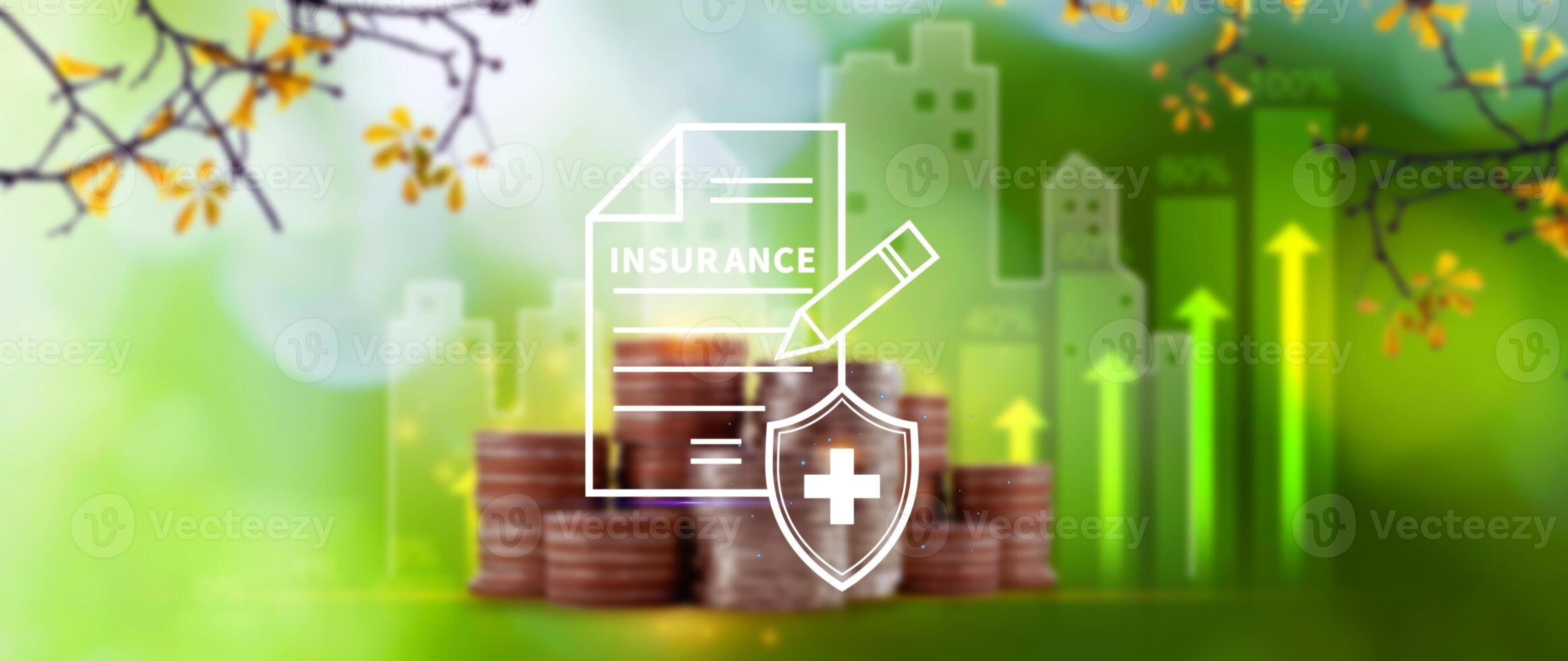 Insurance concept, medical coverage planning, hospital payments, representing different types of insurance such as health, home, car, travel, and policy management. photo