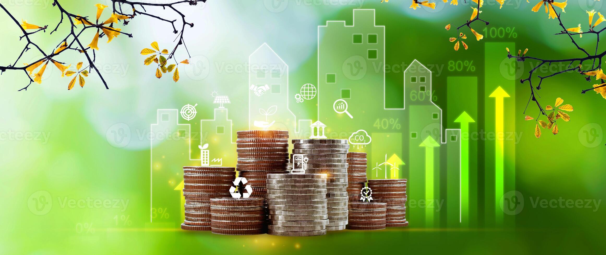 ESG concept, Investment Ideas Business Growth. Stack of coins with digital graph, Green business growth. Finance sustainable development. Investing in renewable energy crucial for future. photo