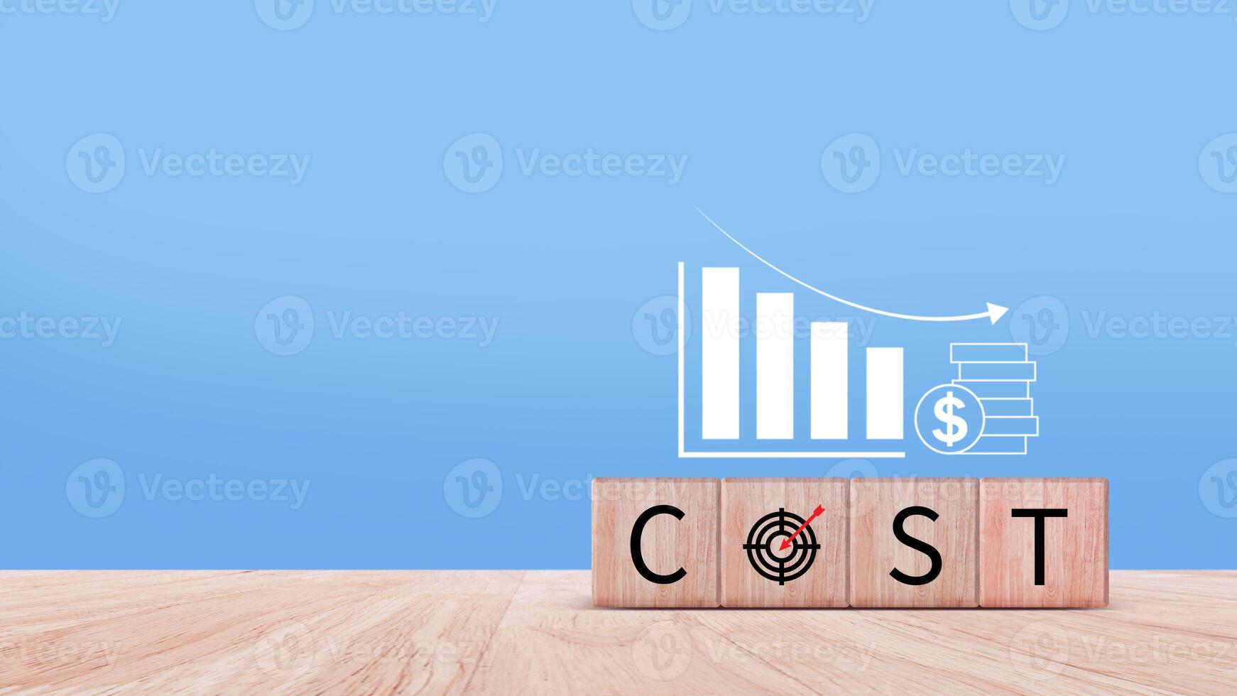 Cost reduction concept on wooden cube, Expenses and saving money, Business strategy and project management, cost reduction, efficient business and budget cutting. photo
