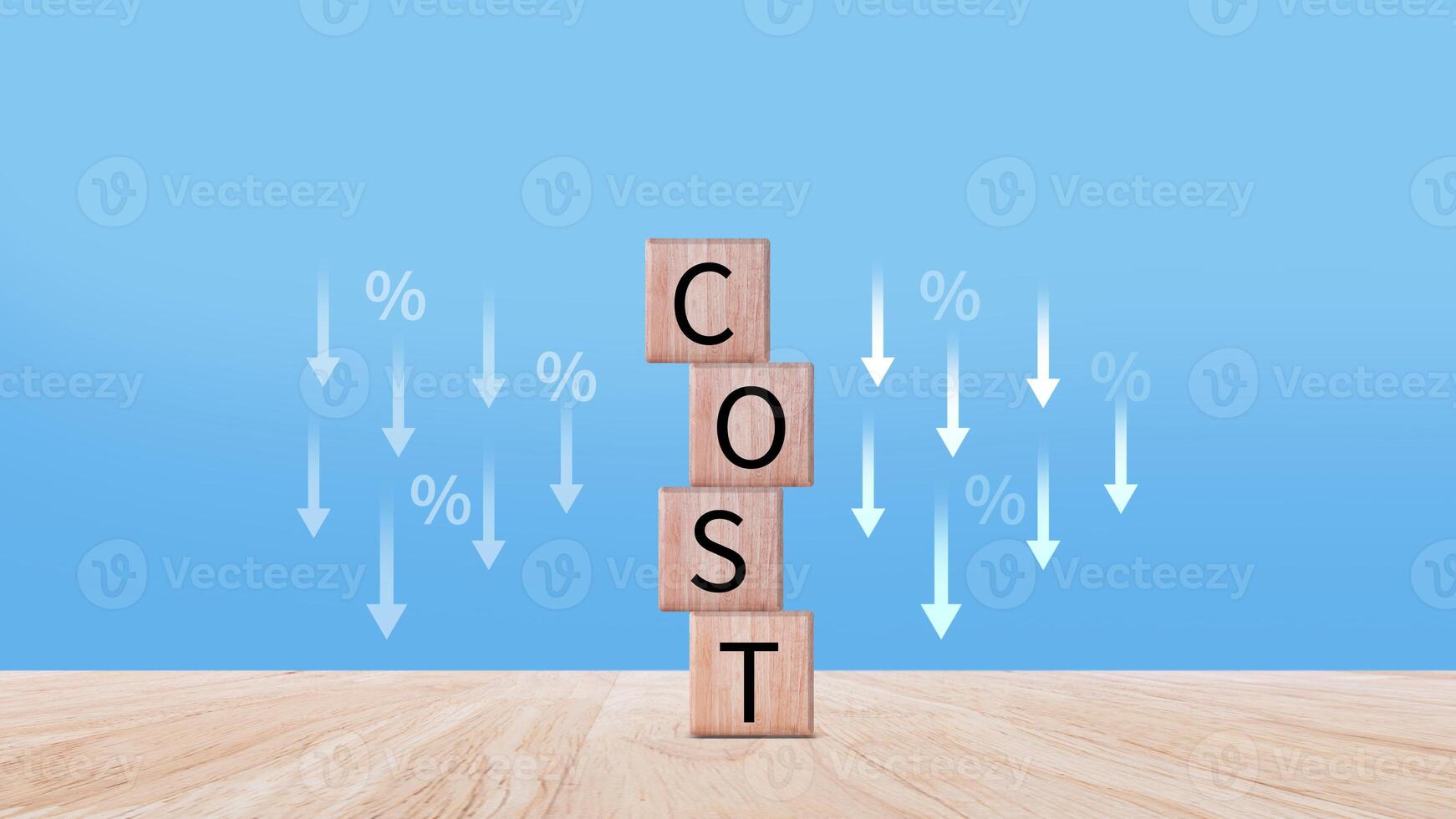 Cost reduction concept on wooden cube, Expenses and saving money, Business strategy and project management, cost reduction, efficient business and budget cutting. photo