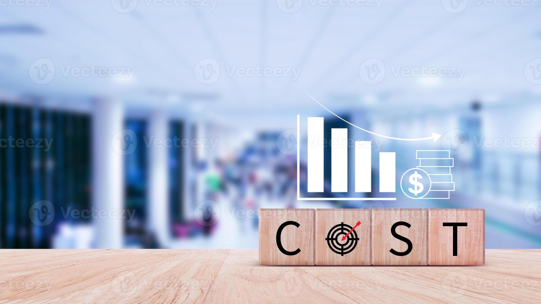 Cost reduction concept on wooden cube, Expenses and saving money, Business strategy and project management, cost reduction, efficient business and budget cutting. photo