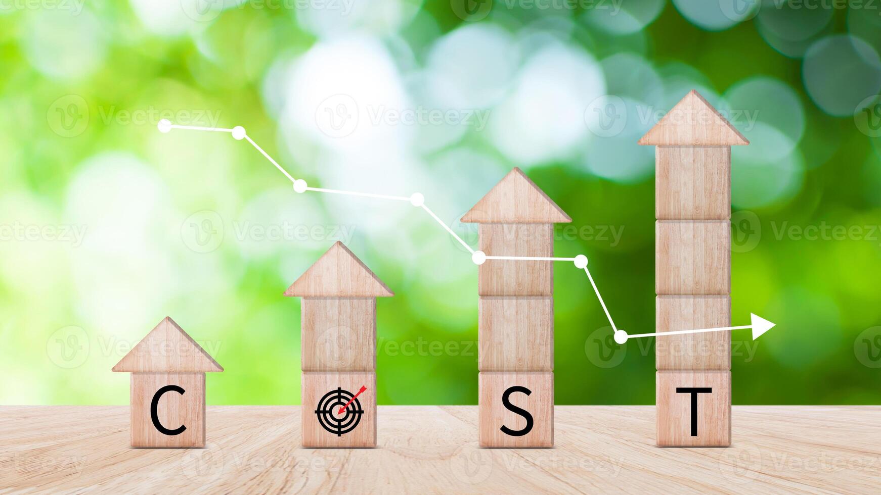 Cost reduction concept on wooden cube, Expenses and saving money, Business strategy and project management, cost reduction, efficient business and budget cutting. photo