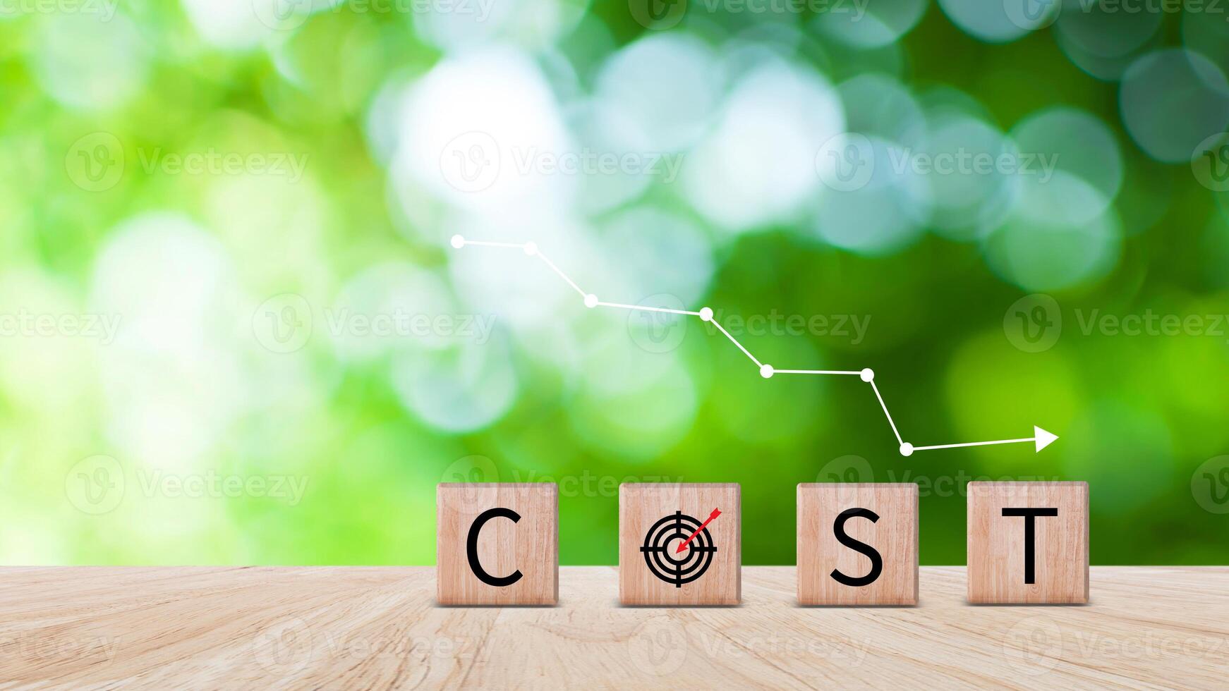 Cost reduction concept on wooden cube, Expenses and saving money, Business strategy and project management, cost reduction, efficient business and budget cutting. photo