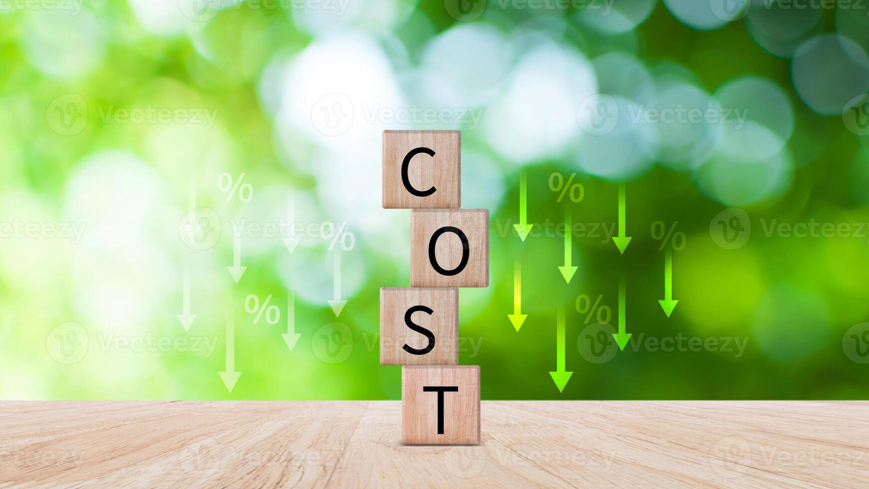 Cost reduction concept on wooden cube, Expenses and saving money, Business strategy and project management, cost reduction, efficient business and budget cutting. photo