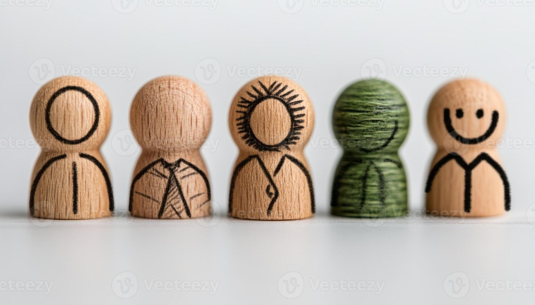 Five unique wooden figures display different expressions and styles on a simple surface photo