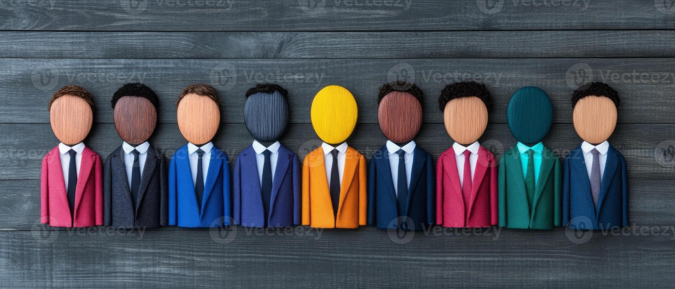Colorful wooden figurines in suits represent unity and collaboration among diverse people photo